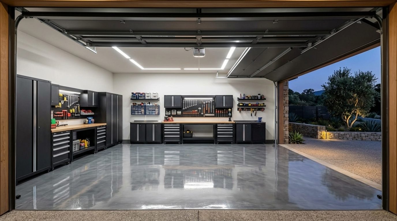 Cooper Local Garage Door Service Interior View of Custom Garage Door Overhead and Workshop